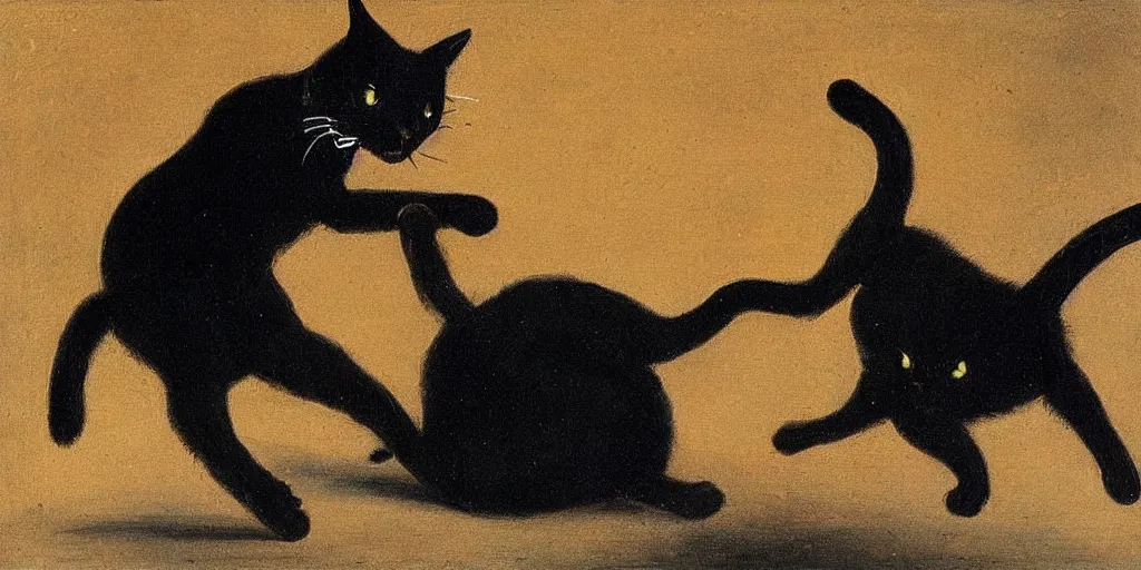 Prompt: painting of one cute Black Cat dancing like a ballerina by Rembrant.