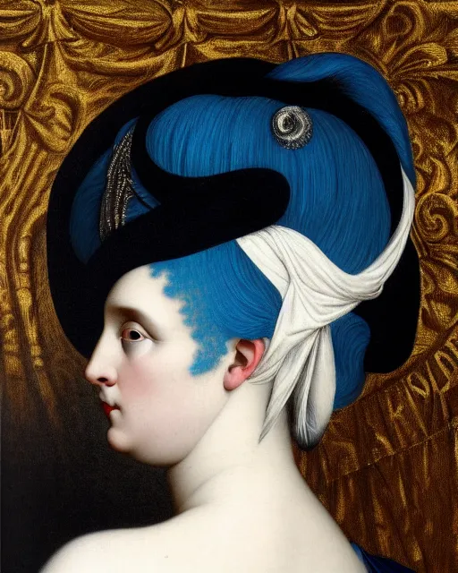 Prompt: photo-realistic portrait of a woman with white and blue hair , wearing a black dress by Vivienne Westwood, intricate details, masterpiece, in the style of Jean Auguste Dominique Ingres, black background