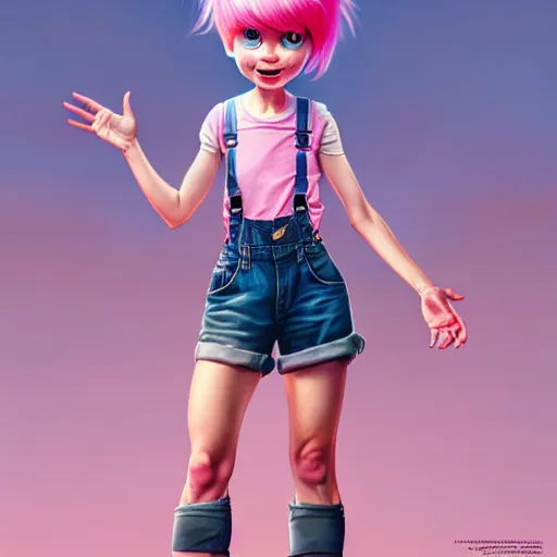 Prompt: full body pose, pixar, beautiful androgynous girl, pink pixie cut hair, torn overalls, short shorts, combat boots, fishnets, beautiful, highly detailed face, true anatomy!, extremely detailed!, digital painting, unreal engine 5, art by tom bagshaw