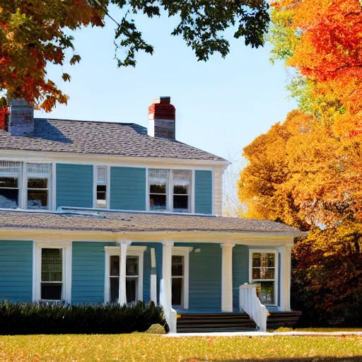 Prompt: man relaxes on the lawn of a cape cod style house in autumn