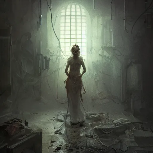 Image similar to epic portrait an containment breach happened in an laboratory, burning, glowing fire, abandoned, digital painting, artstation, concept art, soft light, hdri, smooth, sharp focus, illustration, fantasy, intricate, elegant, highly detailed, D&D, matte painting, in the style of Greg Rutkowski and Alphonse Mucha and artemisia, 8k, highly detailed, jurgens, rutkowski, bouguereau, pastoral, rustic, georgic