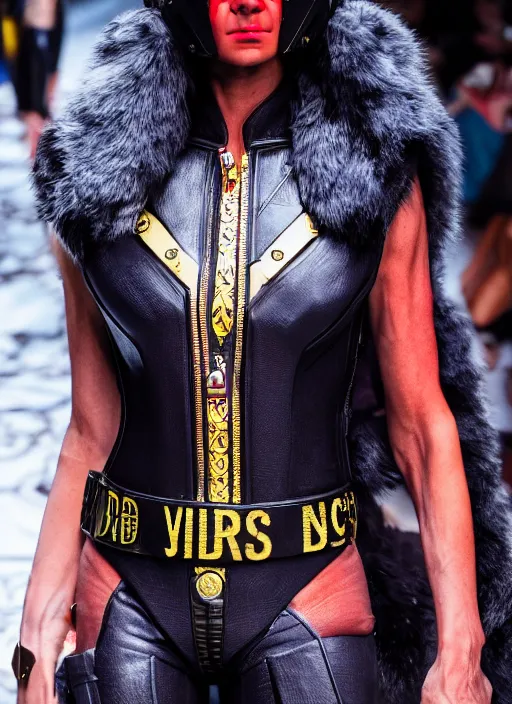 Image similar to hyperrealistic and heavy detailed versace runway show of judge dredd, leica sl 2 5 0 mm, vivid color, high quality, high textured, real life 8 k