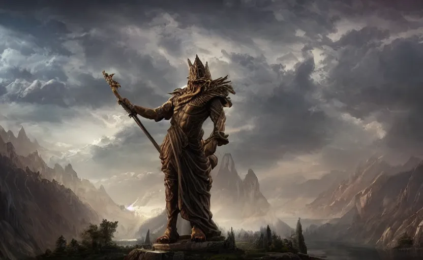 Image similar to A large statue of a wizard guarding a river valley, landscape art, concept art, intense, fantasy, inspiring