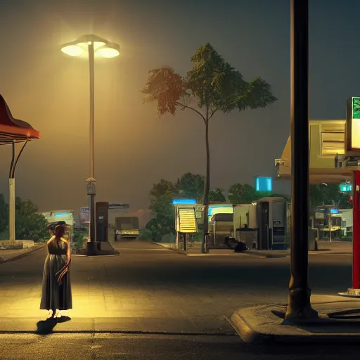 Image similar to Woman on gas station at night, beautiful dynamic lighting, cinematic, wide angle establishing shot, extremely high detail, photo realistic, cinematic lighting, post processed, concept art, artstation, matte painting, style by frederic church, raphael lacoste, unreal engine 8k