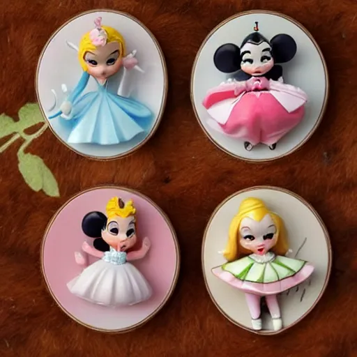 Prompt: product photograph of cute vintage disney figurines by isabel han : 4 girly, cute, chibi, popular, collectible, toys figures, kawaii, toys, white background : 3