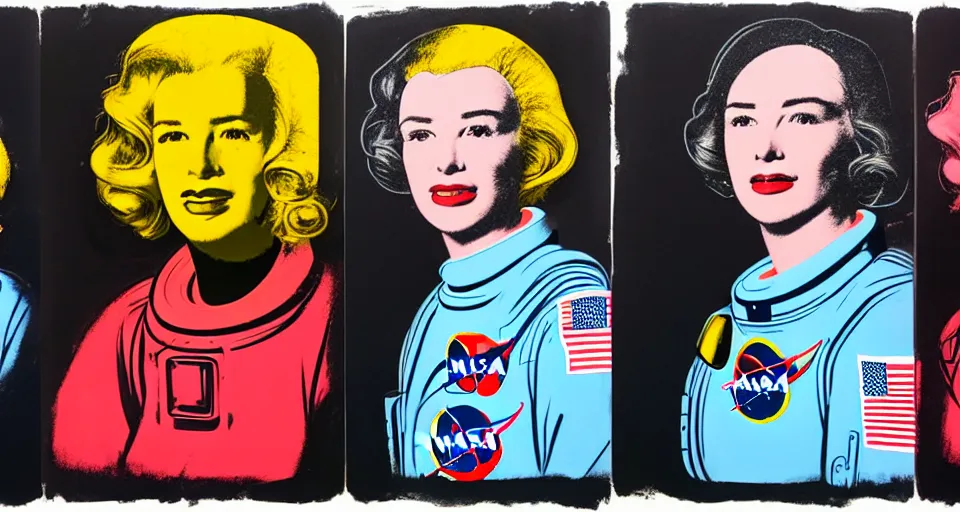 Image similar to a triptych of close up portraits of a very ordinary young woman in a NASA spacesuit, by andy warhol, colorful screenprint and scrawled charcoal lettering, anatomically correct, beautiful perfect face, sharp focus, Highly Detailed, Cinematic Lighting, 8k, HD