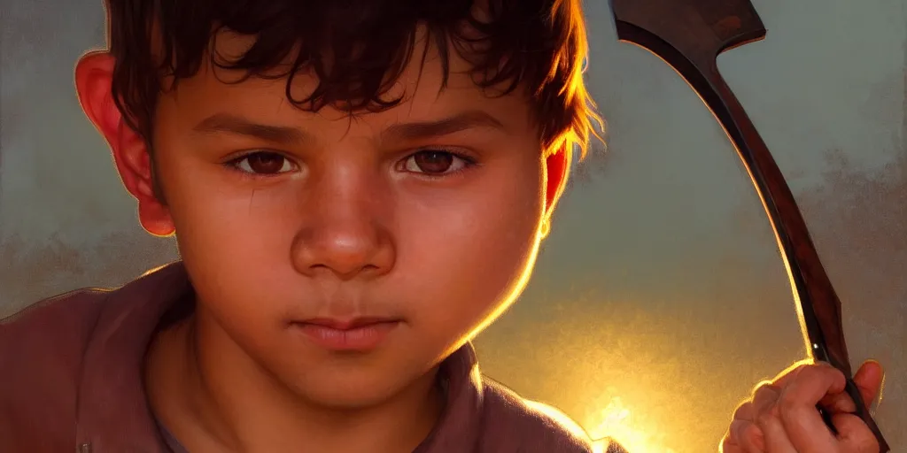 Prompt: a close up of a young boy in analley way holding a machete, back lit, volumetric lighting, highly detailed, digital painting, artstation, concept art, matte, sharp focus, illustration, art by artgerm and greg rutkowski and alphonse mucha, syd mead,