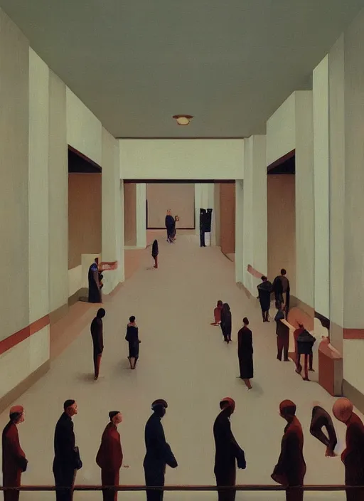 Image similar to crowd in line at art deco hospital painting by Edward Hopper and James Gilleard, Zdzislaw Beksinski highly detailed