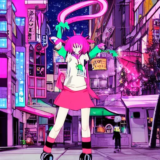 Image similar to anime girl with eccentric clothes, long spiky pink hair, cel - shading, 2 0 0 1 anime, flcl, jet set radio future, night time, entertainment district, japanese city at night, colorful buildings, lines of lights, christmas lights, rollerskaters, cel - shaded, jsrf, strong shadows, vivid hues, y 2 k aesthetic