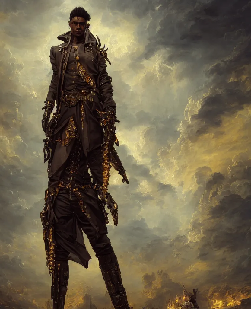 Image similar to a brown skinned male demon hunter with mid white hair and a cyberpunk priest uniform, windy, stoic, modern, he is standing alone, maximalist fashion, cgsociety, hyperdetailed, dramatic, epic painting, painted by jean honore fragonard and greg rutkowski, full body, octane render, sharpness, 8 k, golden ratio