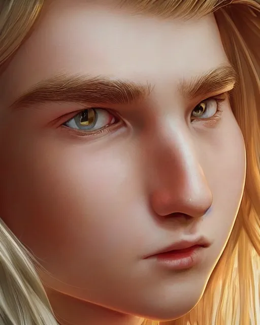 Image similar to portrait of 1 5 - year - old boy with blonde hair, round - face, with long toothed, hyper realistic face, beautiful eyes, character art, art by artgerm lau and wlop and and ilya kuvshinov and john singer sargent, hyperdetailed, symmetrical, cryengine, trending on artstation, digital art