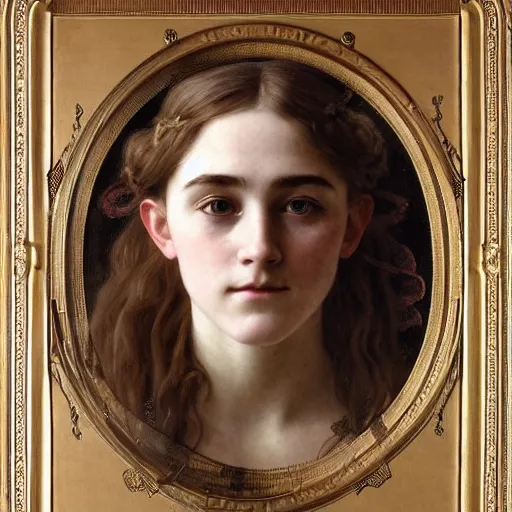 Image similar to a detailed, intricate art nouveau portrait of a young bride who resembles a teenage saoirse ronan and emma watson, in a field of grain, by william adolphe bougereau, john williams waterhouse, alphonse mucha, and donato giancola