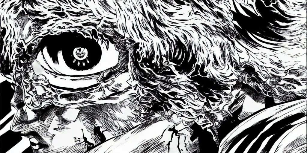 Image similar to exploding eyes, berserk, 4 k resolution, comic style ， by miura kentaro, ultra detailed,