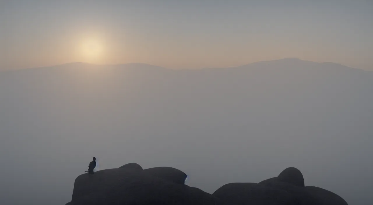 Image similar to matthew snowden painting style a lonely silhouette of a meditating monk sitting in the fog on a stone protruding from the water in the rays of the morning sun, the focus of the camera on the monk.