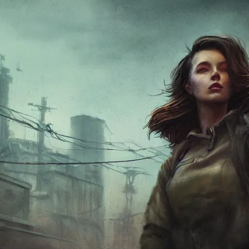 Image similar to fallout 5, charismatic beautiful rugged brunette female protagonist, portrait, outdoors ruined cityscape, atmospheric lighting, painted, intricate, volumetric lighting, beautiful, daytime, slight overcast weather, sharp focus, deep colours, ultra detailed, by leesha hannigan, ross tran, thierry doizon, kai carpenter, ignacio fernandez rios