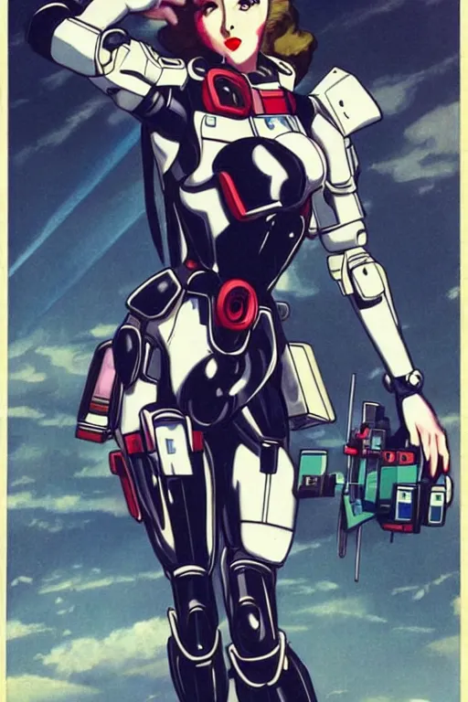 Image similar to full body cyberpunk beautiful woman, on a gundam, in the style of a 1 9 5 0 s oil painted pin - up