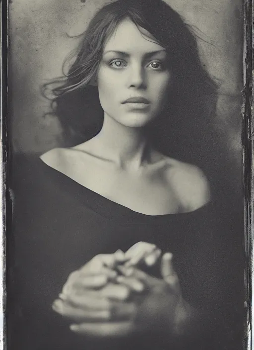 Prompt: portrait of a young women with beautiful eyes, photo realistic, elegant, award winning photograph, cinematic lighting, ambrotype wet plate collodion by richard avedon and shane balkowitsch
