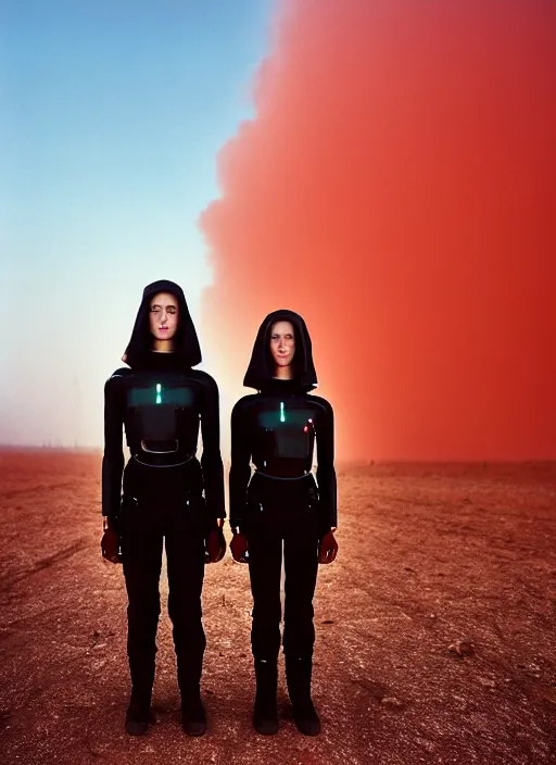 Image similar to cinestill 5 0 d photographic portrait by steve mccurry of two loving female androids wearing rugged black techwear on a desolate plain with a red sky in front of a brutalist structure, extreme closeup, cyberpunk style, dust storm, 8 k, hd, high resolution, 3 5 mm, f / 3 2, ultra realistic faces, ex machina