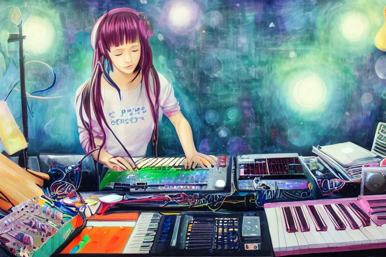 Image similar to painting of girl producing music, anime, cluttered, electronics, wire, dark lighting