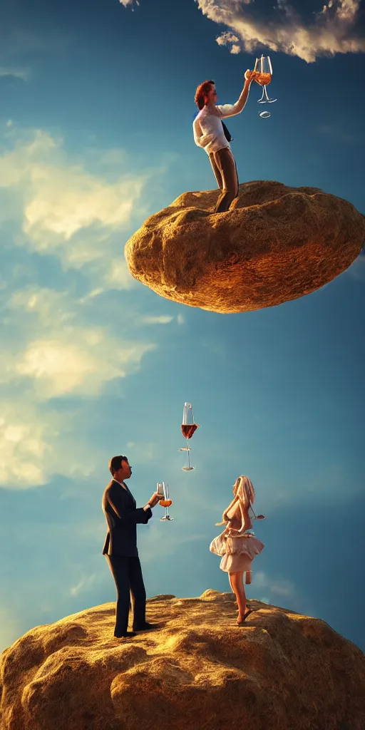 Image similar to a man and a woman floating on a cloud having a drink of Champaign high in the sky above Sint-Marteen and , naive artstation, matte painting, goldenhour, unreal engine