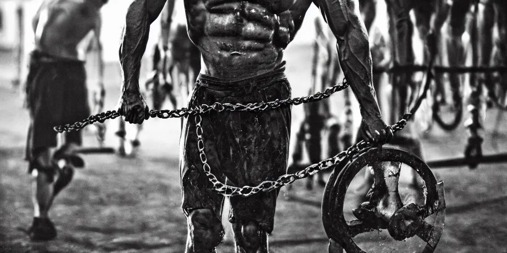 Prompt: a man on a chain gang, muscular, sweaty, tired, cinematic, underexposed, 50mm lens