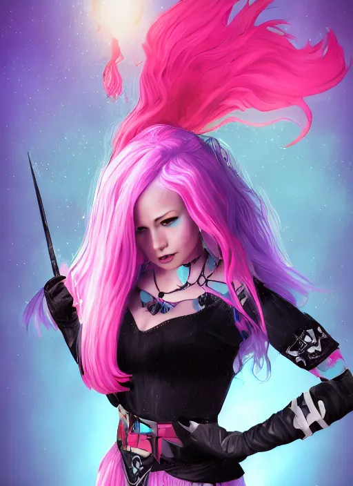 Image similar to An epic fantasy comic book style portrait painting of a young women, with pink hair, short black skirt, black leggings, blue shoes, cyan corset, with a cyan heart necklace. Unreal 5, DAZ, hyperrealistic, octane render, cosplay, RPG portrait, dynamic lighting