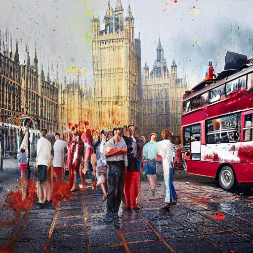 Image similar to A British European City with cars and people roaming inside of the city, certain aspects of the background are lens blurred, splatters of red on the border of the image, some of the people are even painted red, black and white photograph painting, real life, realistic, hyperrealistic, very realistic, photo photograph, photo, photograph, painting, oil painting, ultra realistic, very detailed, extremely detailed, highly detailed, HD Quality, 4k resolution, 8k resolution, trending on artstation, in the style of an Album Cover, cool, epic, nostalgic, intricate details