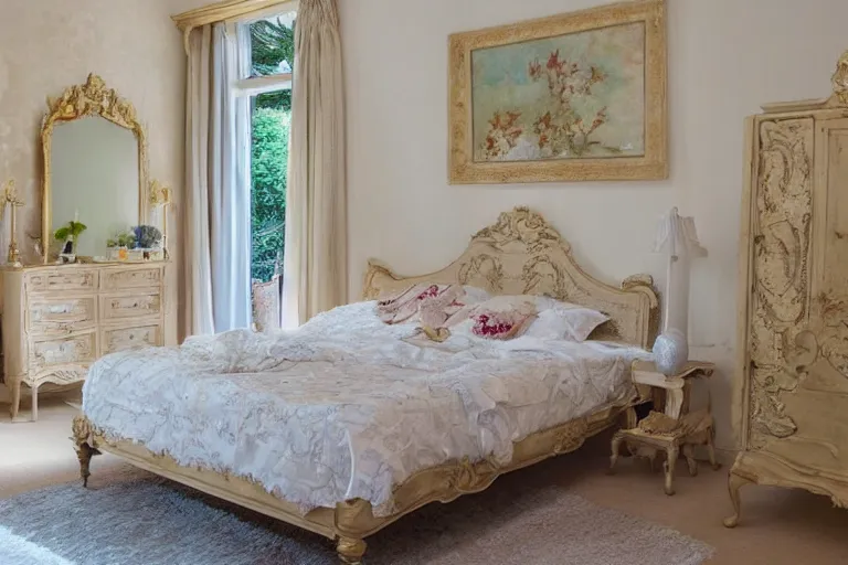 Image similar to A sunny bedroom, exquisite decoration, all restoration furniture