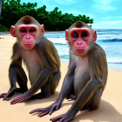 Image similar to two monkeys on the beach drinking coffee, pixar style
