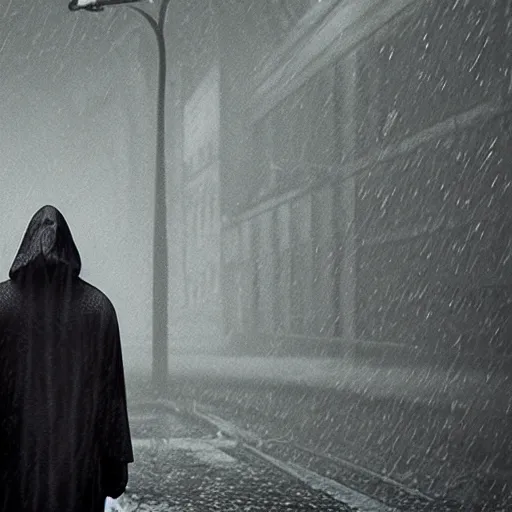 Image similar to a hooded man facing backwards in a tense rain, cinematic, cut-scene, ps5