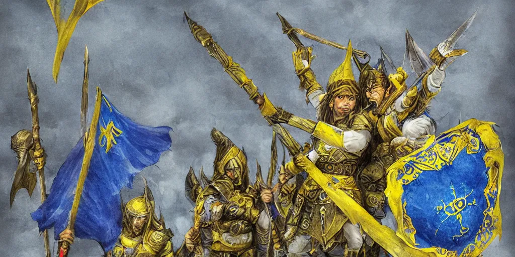 Prompt: Ukrainian elves with a blue and yellow flag, of the power of good and the light of heaven, from above win the battle over darkness and evil, orcs from Mordor from the depths of the earth and hell, extremely detailed