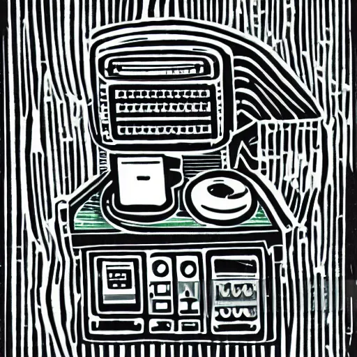 Prompt: linocut of a happy computer