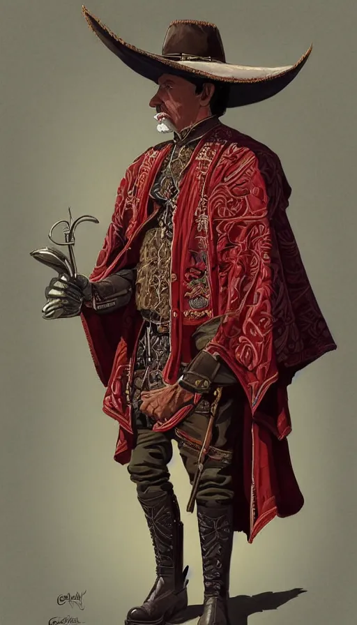 Prompt: federal commander full body portrait, stern look, late xix century red and carmesi gaucho style, ornate poncho, steppe geommetrical background, intricate, highly detailed, digital painting, artstation, concept art, sharp focus, illustration, art by Artgerm, Grafit Studio, and Greg Rutkowski, Craig Mullins, Makoto Shinkai, Stanley Artgerm Lau, WLOP, Rossdraws, James Jean, Andrei Riabovitchev, Marc Simonetti, krenz cushart, Sakimichan, D&D trending on ArtStation, digital art - W 640