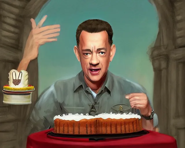 Image similar to tom hanks as forrest gump eating a cake in hogwarts, digital art, highly detailed, artstation, award winning, in the style of Heraldo Ortega