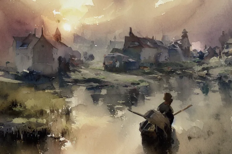 Image similar to small centered on watercolor paper, paint brush strokes, abstract watercolor painting of village in bog at nightfall, sharp daylight, cinematic light, american romanticism by hans dahl, by jesper ejsing, by anders zorn, by greg rutkowski, by greg manchess, by tyler edlin