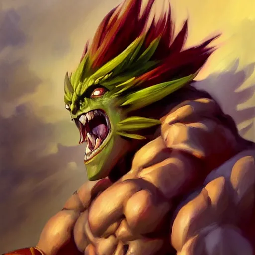 Image similar to greg manchess portrait painting of partially armored blanka from street fighter as overwatch character, medium shot, asymmetrical, profile picture, organic painting, sunny day, matte painting, bold shapes, hard edges, street art, trending on artstation, by huang guangjian and gil elvgren and gerald brom