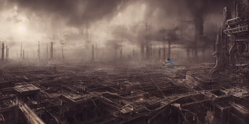 Prompt: futuristic dystopian endless, intricate, complex, labyrinthine, byzantine, tangled, industrial complex, smokestacks, pipelines and ducts and vents, matte painting, smoke, night, gloomy, dark, dramatic, cinematic, volumetric lighting, gods eye view, muted colors