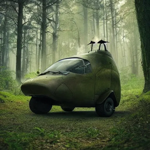 Image similar to flying car in futuristic spiritual mystical post apocalyptic forest, studio ghibli, beautiful, crisp