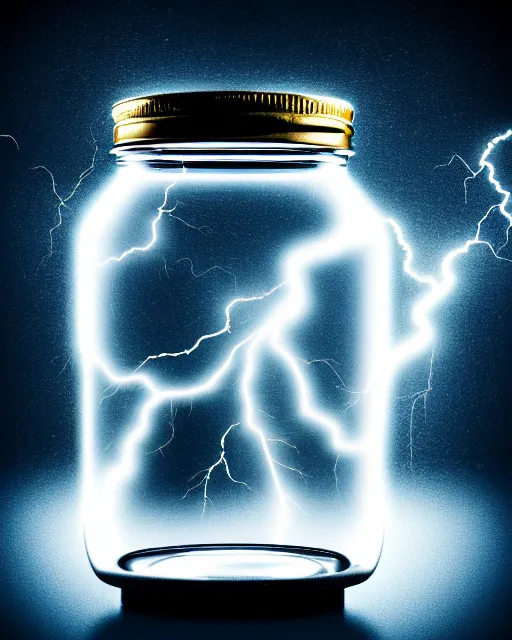 Prompt: a glass jar with storm clouds and lightning inside, bokeh, dramatic lighting, hyperrealistic, highly detailed