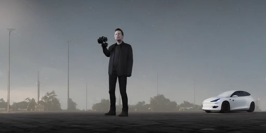 Prompt: elon musk, dark cinematic, volumetric, realistic, 3d render, Realistic Render, Cinematic lighting, Volumetric lighting, atmospheric, cinematic, unreal engine, unreal engine render, octane render, HD, photorealism, hyper realistic, photo, 8K, in the style of Chris Cunnigham, by Wes Anderson