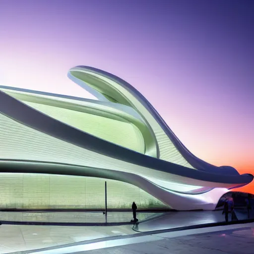 Prompt: extremely detailed stunning sophisticated beautiful elegant futuristic museum exterior by zaha hadid, stunning volumetric light, bright colors, translucent material, beautiful sunset
