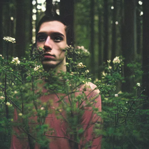 Prompt: close up kodak portra 4 0 0 photograph of a skinny guy standing in dark forest, face covered in flowers, moody lighting, telephoto, 9 0 s vibe, blurry background, vaporwave colors, faded!,