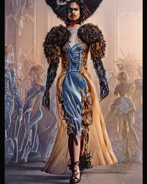 Prompt: fashion model walking down a catwalk, elaborate dress by alexander mcqueen, art by michael whelan and chris moore and howard david johnson and tim white and dan giancola