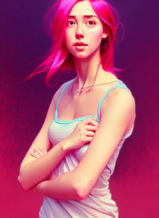 Prompt: handsome young women with shoulder length pink hair, half body shot, path traced, highly detailed, high quality, digital painting, alena aenami, lilia alvarado, shinji aramaki, karol bak, alphonse mucha, tom bagshaw