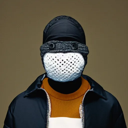 Image similar to realistic! photoshoot for a new balenciaga lookbook, color film photography, portrait of a beautiful woman wearing a balaclava puffer mask, photo in style of tyler mitchell, 35mm lens