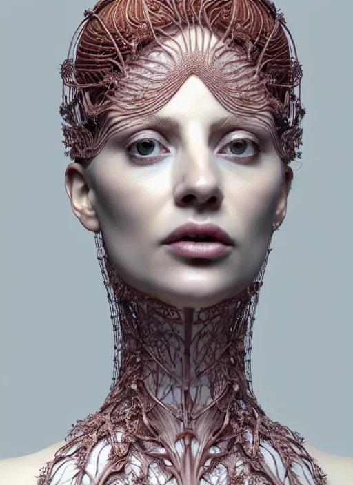 Prompt: complex 3d render ultra detailed of a beautiful porcelain profile woman face, mechanical vegetal cyborg, 150 mm, beautiful natural soft light, rim light, silver gold details, magnolia big leaves and stems, roots, fine foliage lace, mesh wire, Alexander Mcqueen haute couture, lady Gaga style, intricate details, hyperrealistic, mandelbrot fractal, anatomical, red lips, silver metal armor, facial muscles, cable wires, microchip, elegant, white background, octane render, H.R. Giger style, 8k
