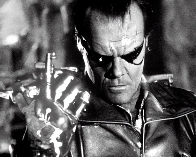 Prompt: Jack Nicholson plays Terminator wearing leather jacket and his endoskeleton is visible, his eye glows red, walking out of flames
