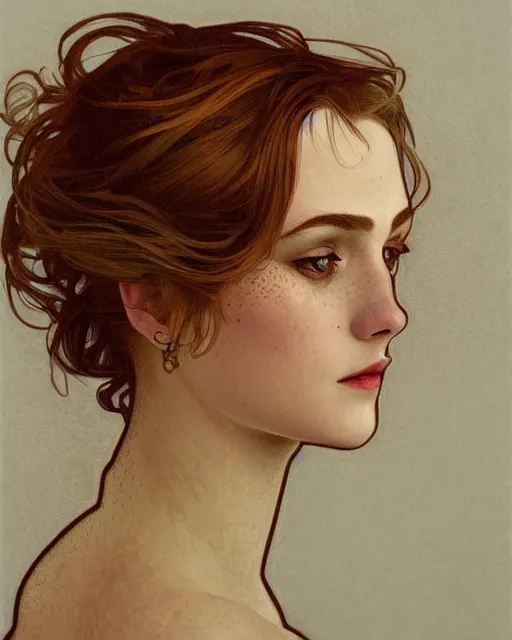 Prompt: Portrait of a Beautiful ravishing Envious modern woman, trending on ArtStation, Alphonse Mucha, Detailed, Realism Symmetrical Face, Photorealistic Color Scheme. Freckles, Blemishes