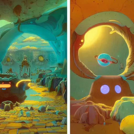 Prompt: A room full of Portals to other worlds with strange animals and mythological creatures spilling out of the portals, childrens book art, dynamic colour palette, varied colours, by Studio Ghibli, Shaun Tan, rim lighting, detailed and bright, by Roger Dean, by Moebius