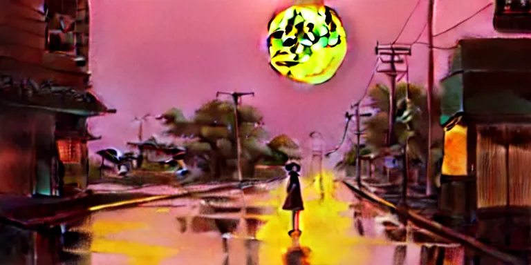 Image similar to an immaculate isometric cinematic keyframe matte painting of the silhouette of a young japanese girl standing in wide wet street 1 9 7 0 s vaporwave rust belt city at dusk with an oversized moon, just after the rain has cleared. by eric lafforgue, glennray tutor and edward hopper, greg rutkowski. trending on artstation.